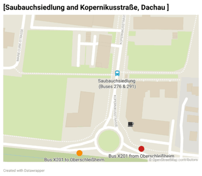 When using bus x201 or 291 from Oberschleißheim to Dachau change to bus 276 for Dachau Concentration  Camp memorial at Saubachsiedlung and Kopernikusstraße