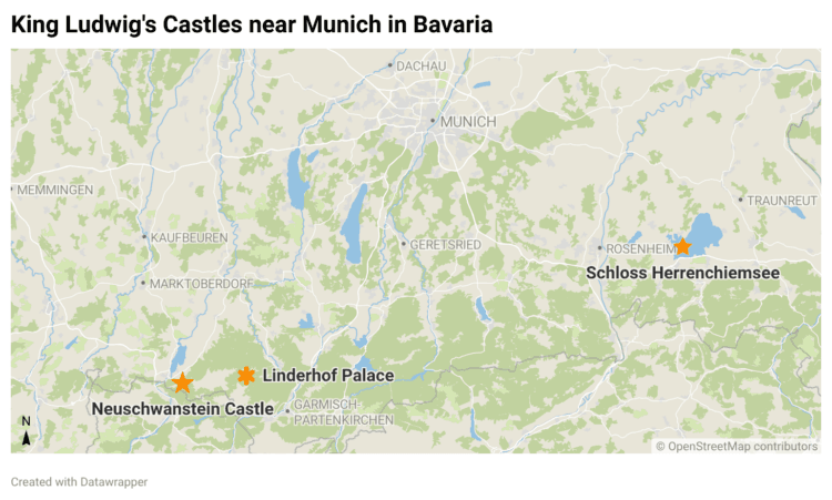 Map showing the location near Munich of Bavarian King Ludwig's fantasy castles Schloss Neuschwanstein, Schloss Linderhof, and Herrenchiemsee Palace.
