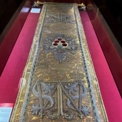 Among the items in the odd display cases are a papal tiara and staff used by Pope Leo X, a Medici. Also on display is a very impressive “Bandinella” — a processional banner adorned with the Medici coat of arms and a gift from Pope Leo to San Lorenzo. It is 500 years old.