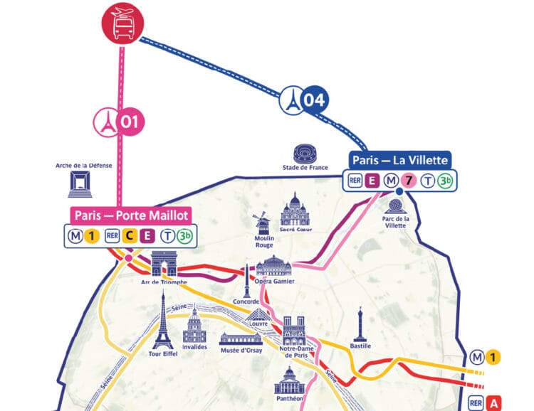 Map of Aerobus bus transfer routes between Paris and Beauvais Airport (BVA) in 2026