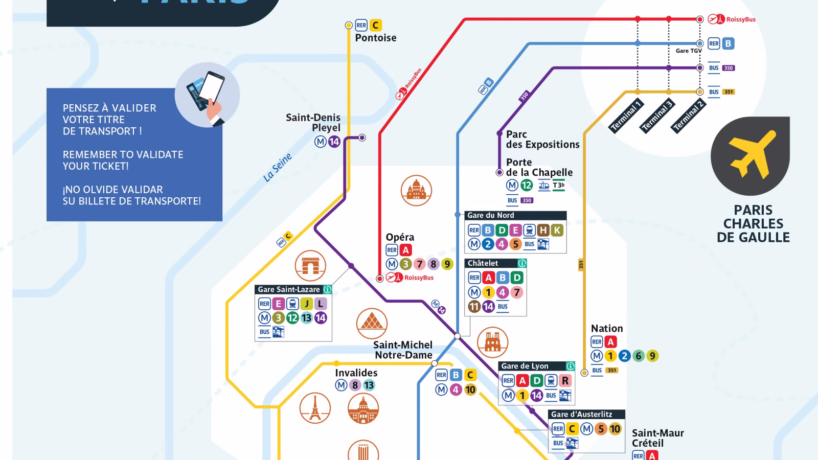 Map of cheapest bus and train routes to Charles de Gaulle Airport CDG from Paris