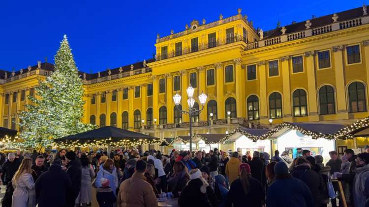 It is worth taking the short tram or U-Bahn train ride from central Vienna to Schloss Schönbrunn Palace to visit the Christmas market at night in the magnificent setting in the Ehrenhof in front of the imperial palace and the favorite residence of Maria Theresa and many other Habsburg rulers.