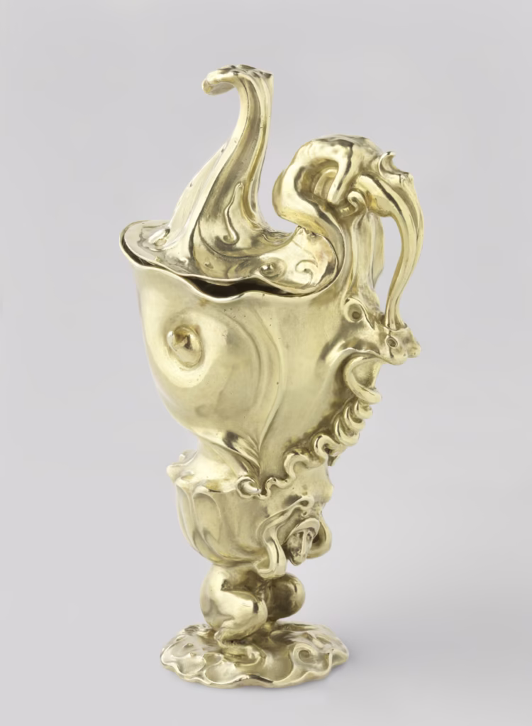 Lidded ewer for the Amsterdam Goldsmiths Guild on show in special Metamorphoses art exhibition in the Rijksmuseum Amsterdam in 2026.