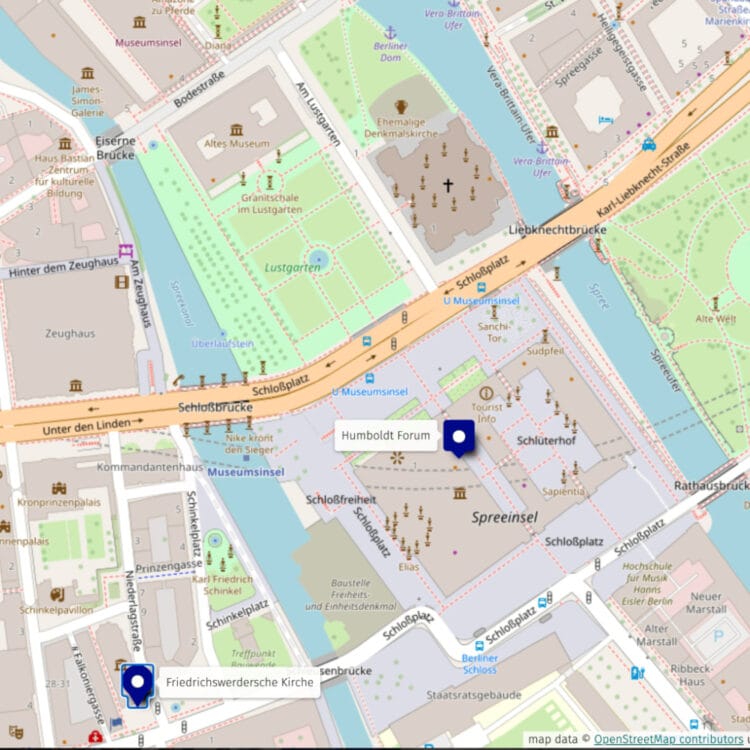 Map of Berlin Humboldt Forum (Berliner Schloss) and the Friedrichswerdersche Kirche