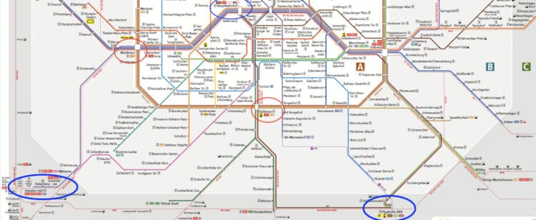 Map showing train transfer options from Berlin Airport to Potsdam, direct, via Hauptbahnhof or via Südkreuz and Westkreuz.