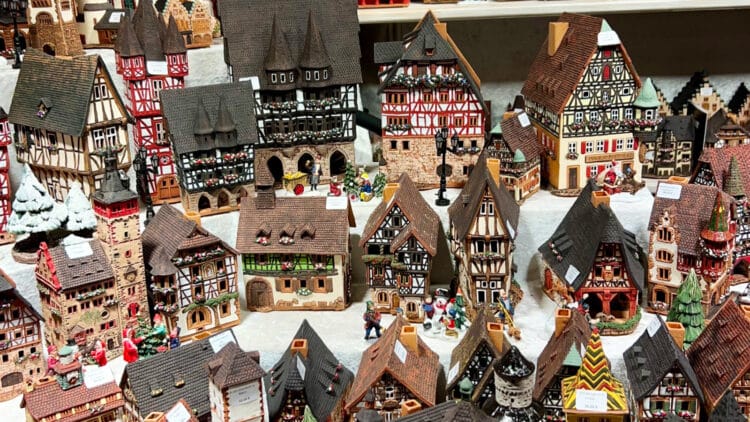 Miniature models of half-timbered houses on sale at a German Christmas market